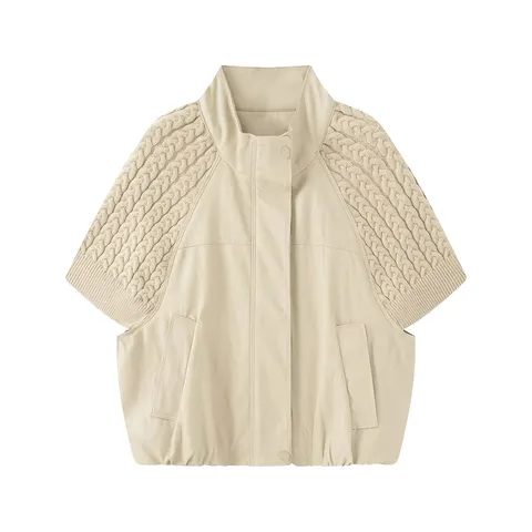 Giacca da Donna alla Moda in Ecopelle PU Con Inserti in Maglia a Costine Collo Alto Manica Corta Giubbotto Biker Casual Streetwear Top