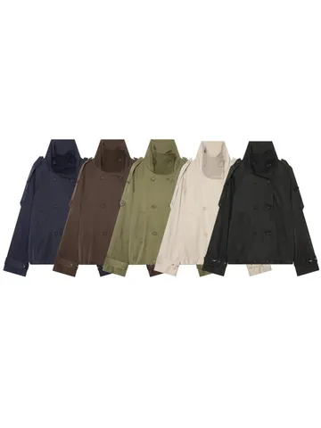 Women's European Style Fashion Stand Collar Double-Breasted Short Trench Coat Autumn Winter Casual Polyester Outerwear