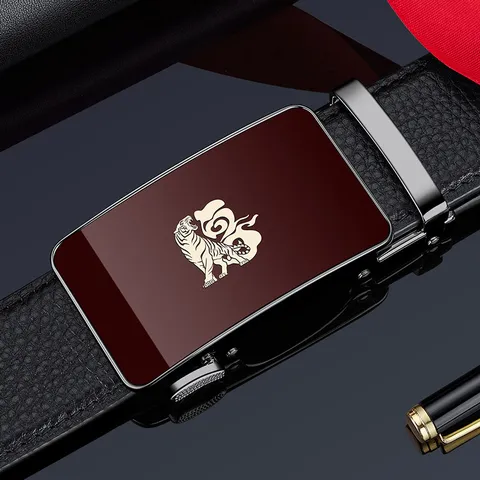 Cintura in Pelle con Fibbia Automatica Casual da Uomo Vera Pelle Affari Moda Cintura Con Motivo Tigre Scatola Regalo