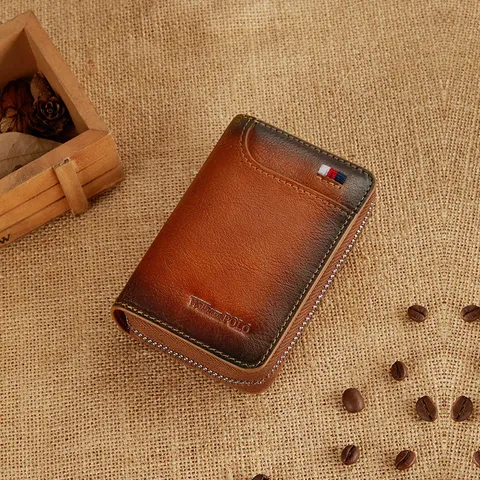 Hombres Cuero Auténtico Tarjetero Retro Negocios Estuche Tarjeta Crédito Delgado Multifuncional Acordeón Cartera Bolsillo