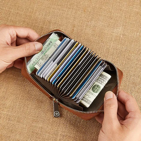 Hombres Cuero Auténtico Tarjetero Retro Negocios Estuche Tarjeta Crédito Delgado Multifuncional Acordeón Cartera Bolsillo
