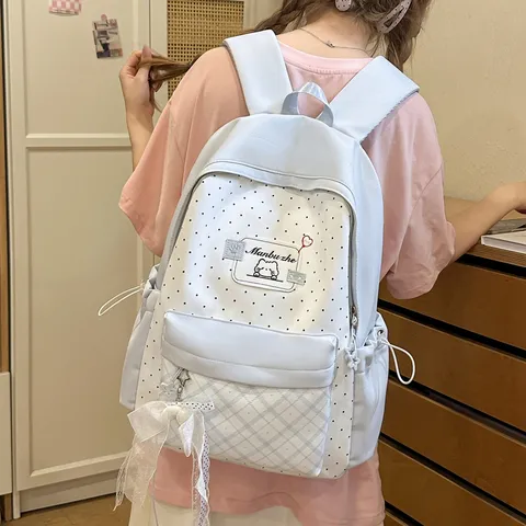 Girls School Backpack Cute Polka Dot Checkered Waterproof Nylon Bookbag Casual Daypack For Students Teens