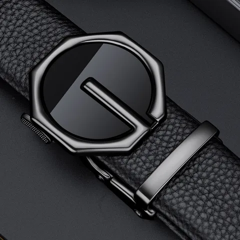Cintura in Pelle da Uomo con Fibbia Automatica Affari Casual in Vera Pelle Cintura a Cricchetto in Metallo Dorato Gunmetal