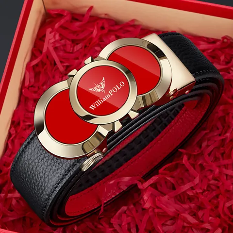 Men's Genuine Leather Automatic Buckle Belt Business Casual Red Black Belt With Gift Box New Year Gift