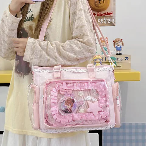 Kawaii Transparent Ita Bag Sweet Lolita Lace Polka Dot Crossbody Shoulder Bag Large Capacity Clear Window Display Bag