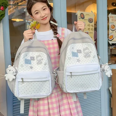 Casual Nylon School Backpack For Women Girls Cute Color-Blocking Large Capacity Travel Daypack With Transparent Pocket
