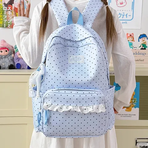 Korean Ins Style Polka Dot School Backpack Cute Sweet Lace Trim Waterproof Travel Bookbag For Students Teen Girls