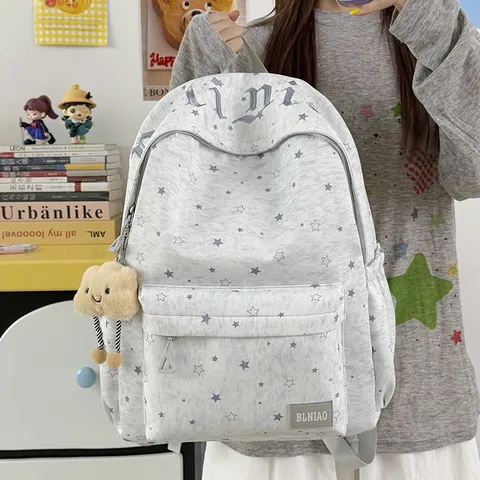 French Style Star Print Letter Canvas Backpack Student School Bag Casual Travel Daypack For Women And Teen Girls