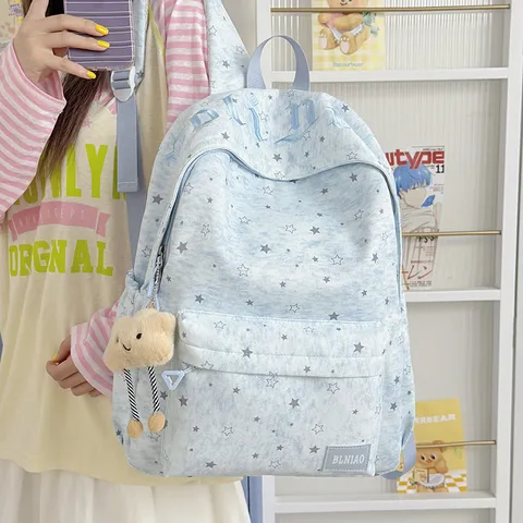 French Style Star Print Letter Canvas Backpack Student School Bag Casual Travel Daypack For Women And Teen Girls