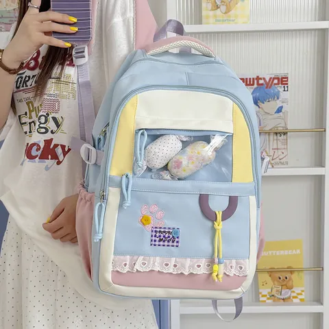 Japanese Ins Style Cute Large Capacity Nylon Backpack School Bag With Transparent Window Lace Edge For Teenage Girls