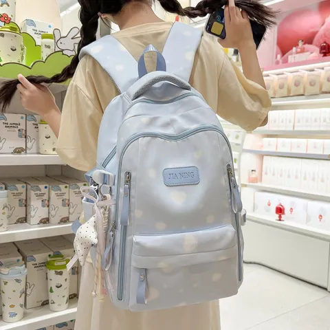 Casual Nylon Print School Backpack For Women Lightweight Waterproof Bookbag Daily Travel Daypack With Cute Pendant