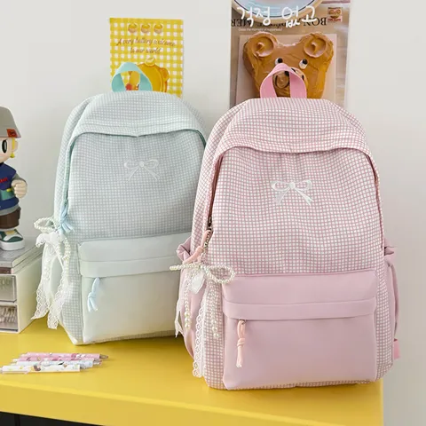 Waterproof Nylon Plaid Backpack With Bow Pearl Pendant Cute School Bag Large Capacity Daypack For Women Student