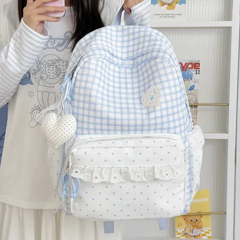 Japanese Sweet Style Plaid Lace Trim Schoolbag Cute Macaron Color Waterproof Travel Student Backpack For Girls