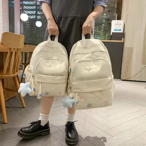 Waterproof Nylon School Backpack For Teenage Girls Large Capacity Casual Travel Bookbag With Cute Star Embroidery
