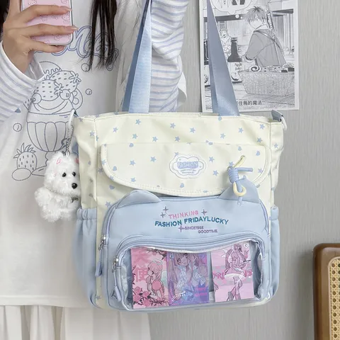 Kawaii Étoile Chat Ita Sac Toile Épaule Bandoulière Grande Capacité Fille Douce École Sac Transparent Fenêtre