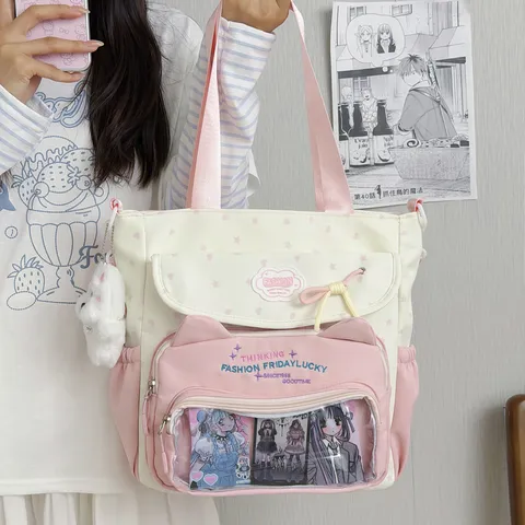 Kawaii Étoile Chat Ita Sac Toile Épaule Bandoulière Grande Capacité Fille Douce École Sac Transparent Fenêtre