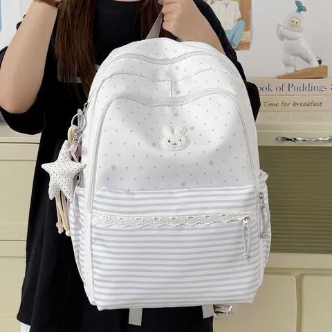 Cute Polka Dot Rabbit Embroidery School Backpack Large Capacity Casual Travel Daypack With Rabbit Patch