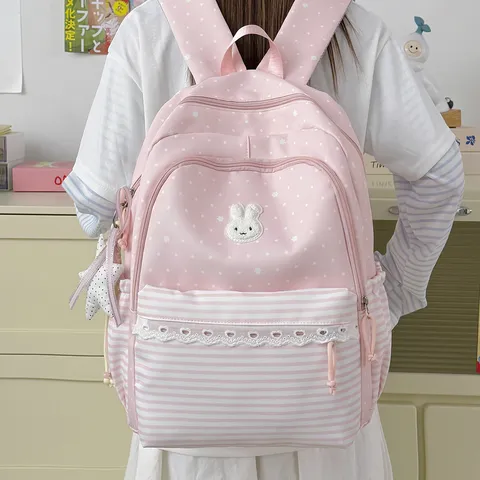 Cute Polka Dot Rabbit Embroidery School Backpack Large Capacity Casual Travel Daypack With Rabbit Patch
