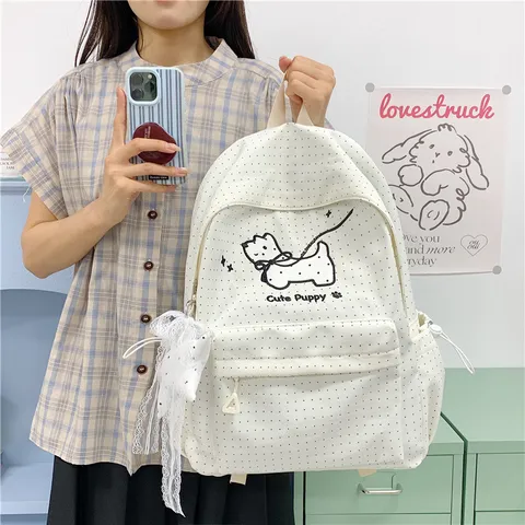 Japanese Sweet Polka Dot Print Nylon School Backpack For Students Casual Waterproof Bookbag With Puppy Pattern