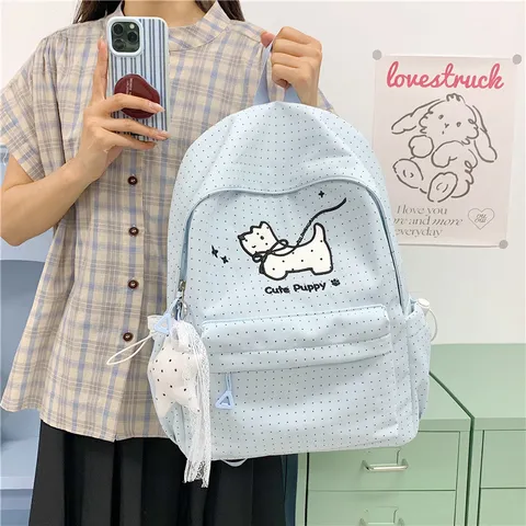 Japanese Sweet Polka Dot Print Nylon School Backpack For Students Casual Waterproof Bookbag With Puppy Pattern