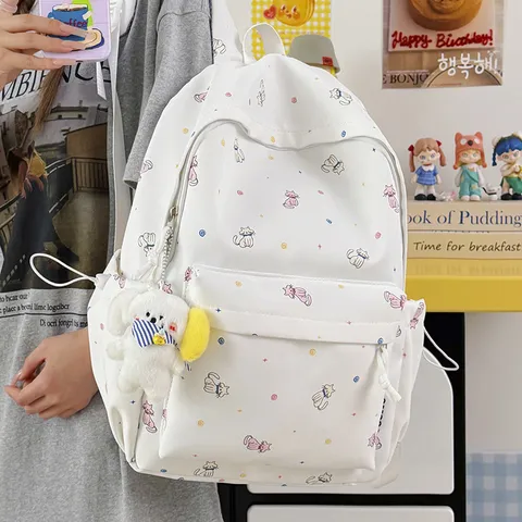 Women Casual Nylon School Backpack Cute Cat Print Bookbag Lightweight Travel Daypack With Cute Pendant Daily Bag