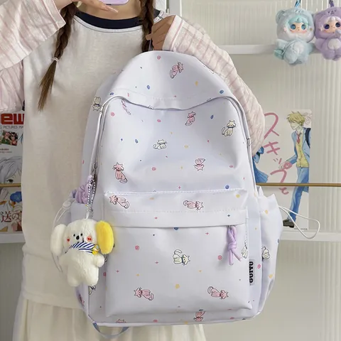 Women Casual Nylon School Backpack Cute Cat Print Bookbag Lightweight Travel Daypack With Cute Pendant Daily Bag