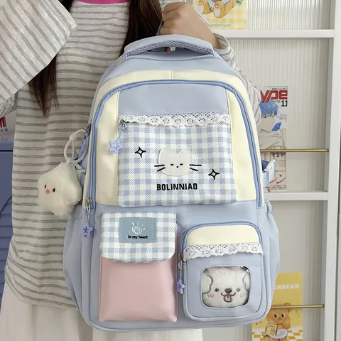 Korean College Style Cute Student Backpack Lightweight Waterproof Nylon School Bag With Cat Embroidery