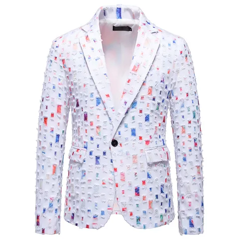 Giacca Blazer da Uomo Slim Fit Design Perforato Distressed Monopetto per Spettacoli Teatrali Feste Casual Urban Top