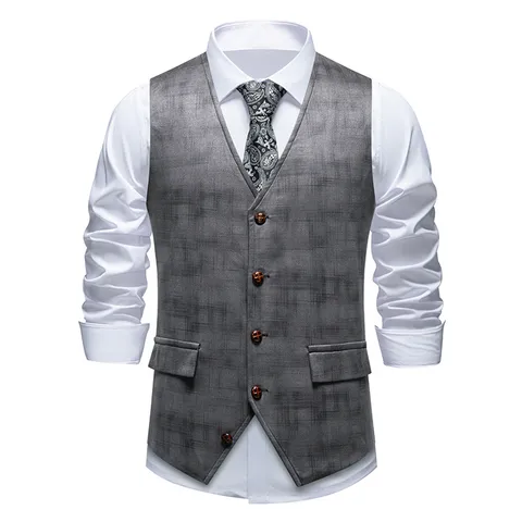 Men Retro Suede Printed Suit Vest Single Breasted V-Neck Waistcoat Slim Fit Casual Business Sleeveless Jacket Top