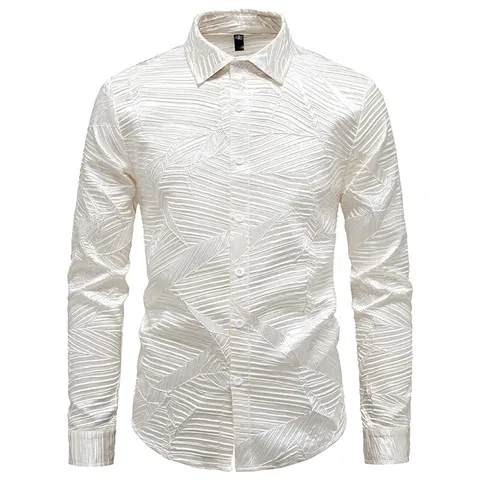 Men Modern Casual Pleated Shirt Fashion Urban Long Sleeve Lapel Top With Leaf Texture Pattern Solid Color Button Down Shirt