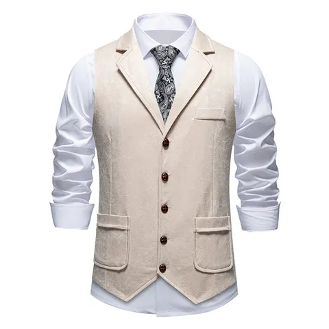 Men's Retro Suede Printed Suit Vest Polyester Lapel Sleeveless Waistcoat Casual Business Workwear Button Down Jacket Top