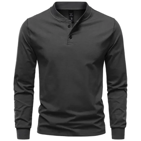Men's Combed Cotton Slim Fit Henley Neck Long Sleeve T-Shirt Solid Color Casual Sporty Tee With Ribbed Cuffs For Autumn