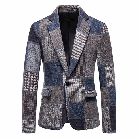Men's Vintage Patchwork Plaid Suit Jacket Casual Non-iron Houndstooth Woolen Blazer Slim Fit Single Breasted Top For Autumn Winter