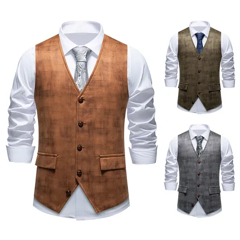 Men Retro Suede Printed Suit Vest Single Breasted V-Neck Waistcoat Slim Fit Casual Business Sleeveless Jacket Top