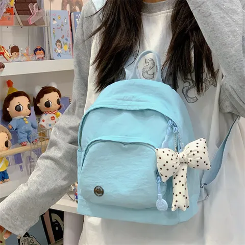 Minimalist Nylon Mini Backpack For Women Cute Casual Small School Bookbag With Bowknot Pendant Travel Daypack