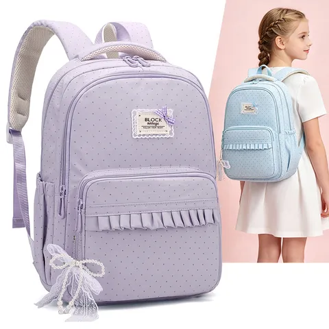Girls Polka Dot Backpack Large Capacity Nylon School Bag For Primary Students Waterproof Lightweight Ruffle Backpack With Bow Pendant