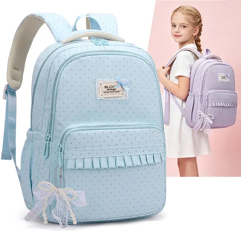 Girls Polka Dot Backpack Large Capacity Nylon School Bag For Primary Students Waterproof Lightweight Ruffle Backpack With Bow Pendant