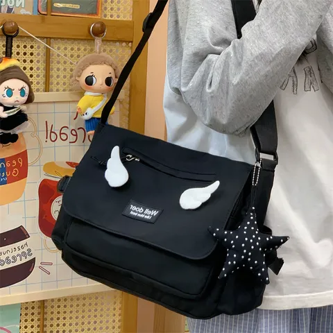 Preppy Style Nylon Messenger Bag Sweet Cute Angel Wings Shoulder Bag Large Capacity Crossbody Bag For Student Girls