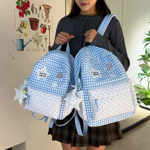 Kawaii School Backpack For Girls Cute Polka Dot Plaid Patchwork Large Capacity Student Bookbag Waterproof Nylon Travel Daypack Sweet Style