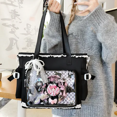 Casual Nylon Ita Bag Transparent Window Crossbody Shoulder Bag Sweet Bow Ribbon Cute School Commuter Bag For Women