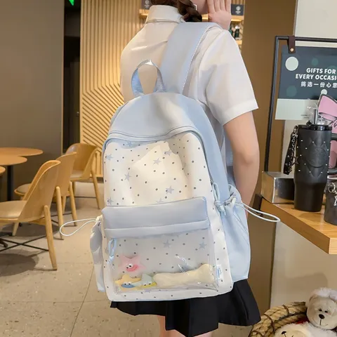 Japanese Sweet Star Print Backpack For High School Students Waterproof Nylon Lightweight Ins Style School Bag For Women