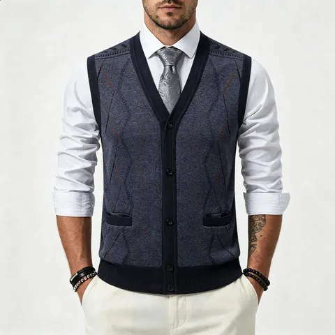 Men Business Casual Argyle Knitted Sweater Vest V-Neck Single Breasted Fleece Lined Warm Cardigan Sleeveless Top For Winter