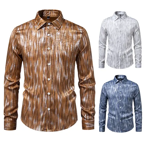 Camicia Casual da Uomo a Manica Lunga Vintage con Stampa Distressed Top con Bottoni Moda Stile Retro Americano Abbigliamento Traspirante