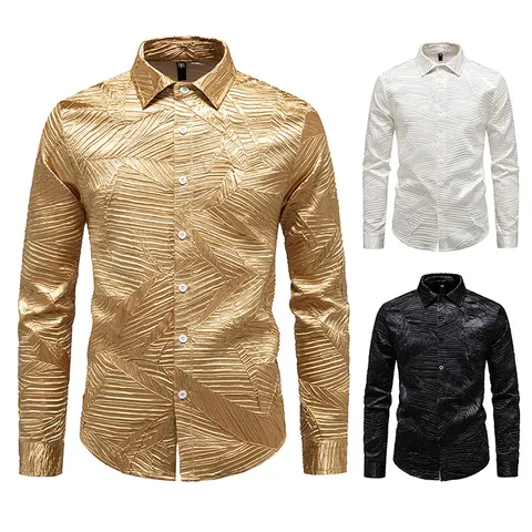 Men Modern Casual Pleated Shirt Fashion Urban Long Sleeve Lapel Top With Leaf Texture Pattern Solid Color Button Down Shirt