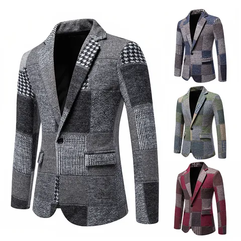 Men's Vintage Patchwork Plaid Suit Jacket Casual Non-iron Houndstooth Woolen Blazer Slim Fit Single Breasted Top For Autumn Winter