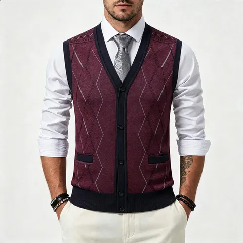 Men Business Casual Argyle Knitted Sweater Vest V-Neck Single Breasted Fleece Lined Warm Cardigan Sleeveless Top For Winter