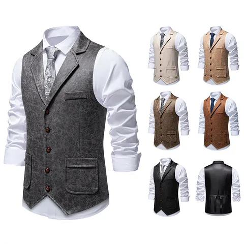 Men's Retro Suede Printed Suit Vest Polyester Lapel Sleeveless Waistcoat Casual Business Workwear Button Down Jacket Top