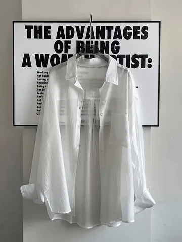 Women French Style Textured Sun Protection Shirt Long Sleeve Loose Fit Lapel Cardigan Blouse Top with Pockets Polyester