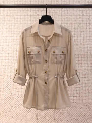 Women Casual Chiffon Utility Shirt Drawstring Waist Lapel Collar Rollable Long Sleeve Blouse Elegant Top Solid Color Apparel