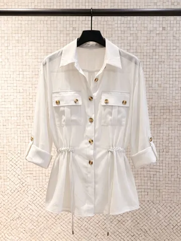 Women Casual Chiffon Utility Shirt Drawstring Waist Lapel Collar Rollable Long Sleeve Blouse Elegant Top Solid Color Apparel